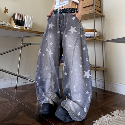 梁拌泡菜美式复古星星印花做旧微喇牛仔裤男女同款宽松休闲长裤