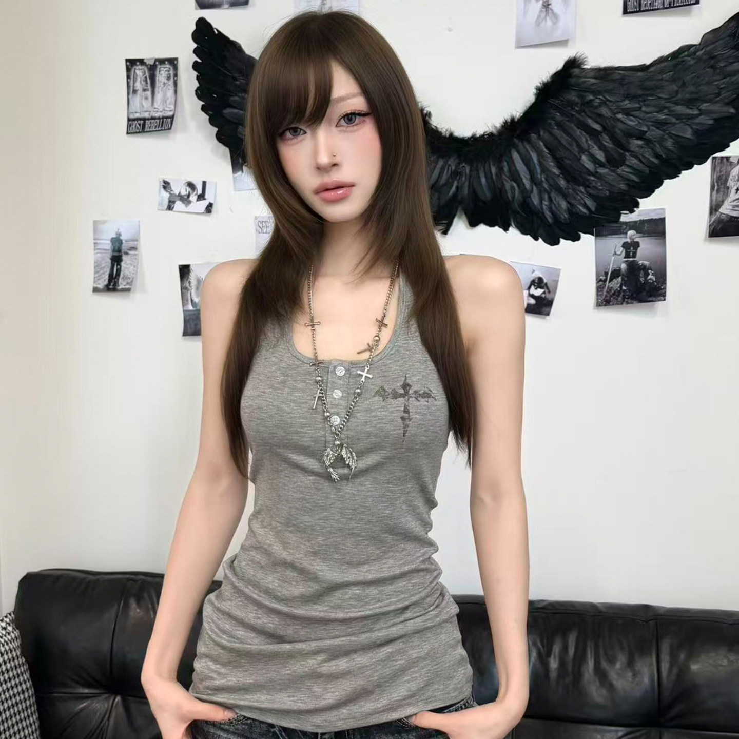 梁拌泡菜#圣光天使#挂脖吊带女辣妹修身显瘦内搭背心纯欲收腰上衣