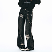 女直筒宽松设计感微喇阔腿裤 梁拌泡菜美式 复古星星兔子高腰牛仔裤