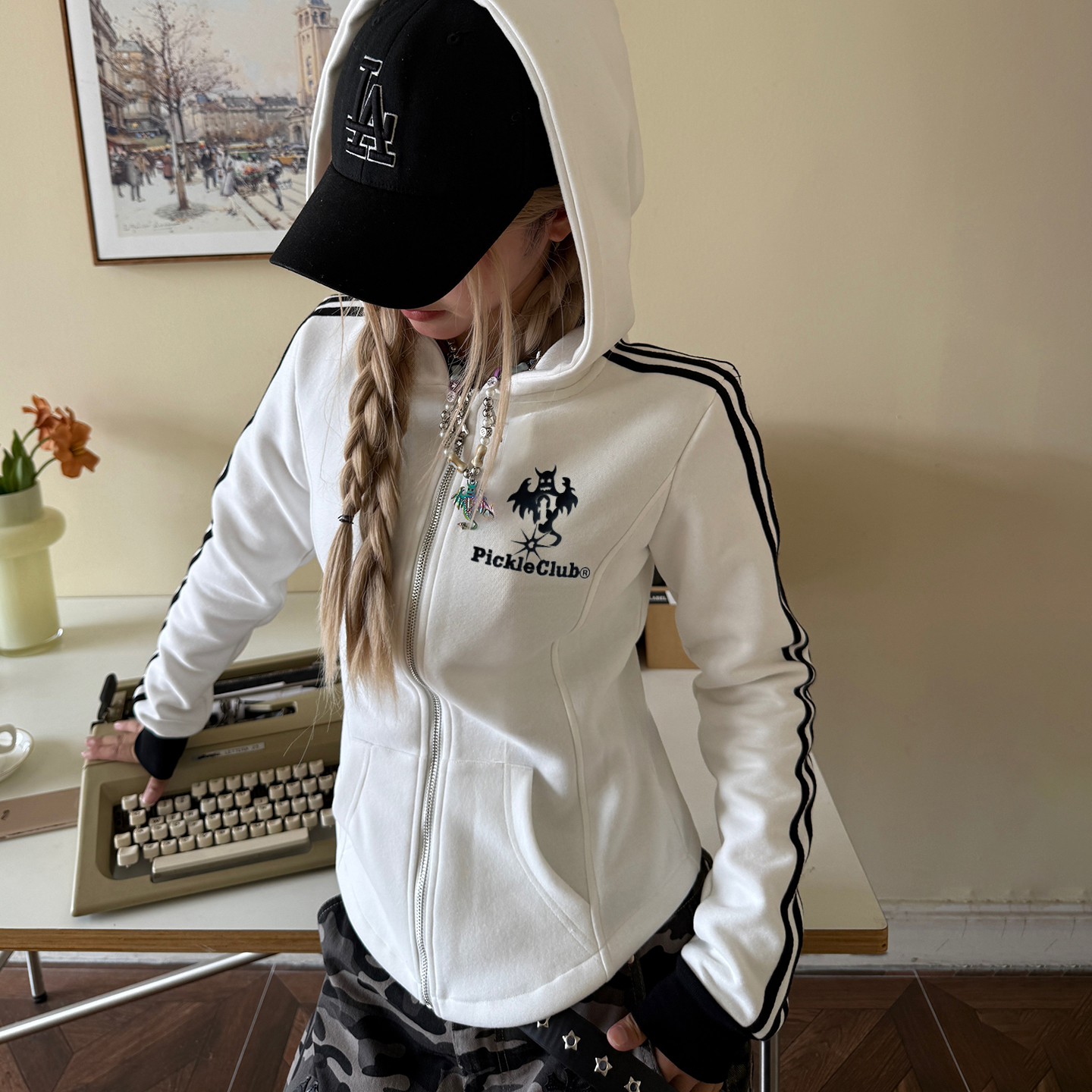 梁拌泡菜美式复古幽灵条纹连帽正肩卫衣外套修身休闲百搭开衫上衣