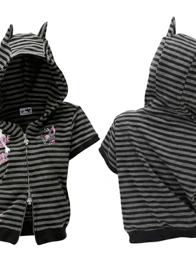 梁拌泡菜#末日贝斯乐#恶魔角短袖条纹亚文化朋克修身美式正肩连帽