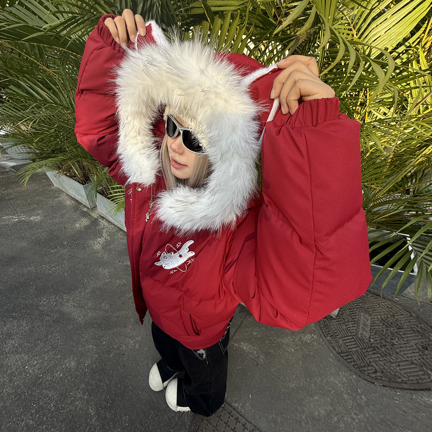 梁拌泡菜美式复古幽灵猫毛毛棉服外套加厚冬季设计感休闲保暖上衣