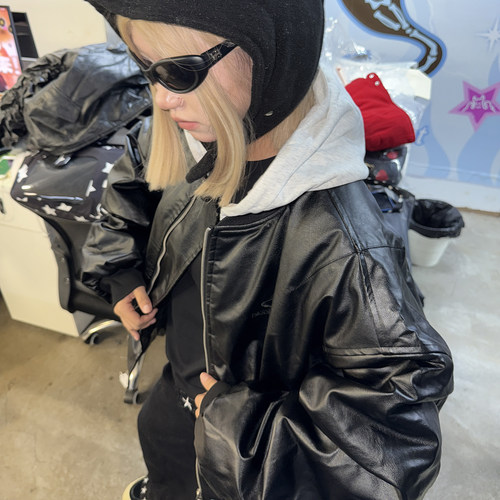 梁拌泡菜LBPC美式复古连帽皮外套冬季新款设计感街头风连帽上衣