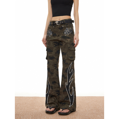 梁拌泡菜 美式复古迷彩工装裤男女多口袋设计感高街显瘦微喇裤子
