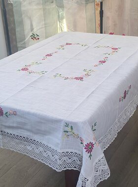 白色刺绣桌布80布艺120x160盖巾