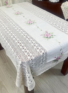 外贸出口桌布茶几布灰色棉线钩织牡丹十字绣110x160布艺130x180