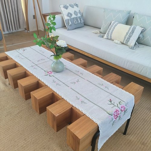 出口40x170亚麻双花牡丹绣布艺