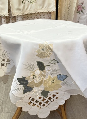 外贸绣花正方形棉麻灰色布艺现代简约盖布沙发巾刺绣微波炉90盖巾