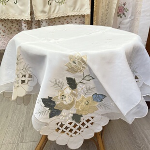 外贸绣花正方形棉麻灰色布艺现代简约盖布沙发巾刺绣微波炉90盖巾