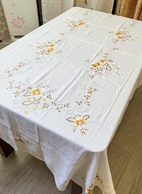 出口刺绣桌布白色礼品145x220布艺盖巾长方形绣花金线高档包邮