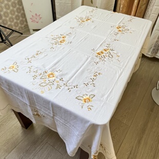 出口刺绣桌布白色礼品145x220布艺盖巾长方形绣花金线高档 包邮