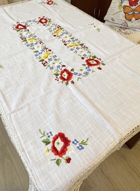 田园布艺茶几布长方形餐桌布盖巾花卉100x150米绣花纯手工毛线绣