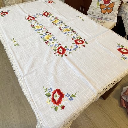 田园布艺茶几布长方形餐桌布盖巾花卉100x150米绣花纯手工毛线绣