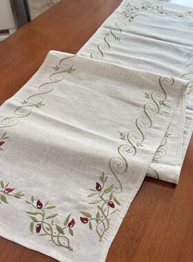亚麻刺绣桌旗40x180新中式餐桌