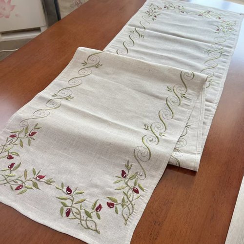 亚麻刺绣桌旗40x180出口原单圣诞