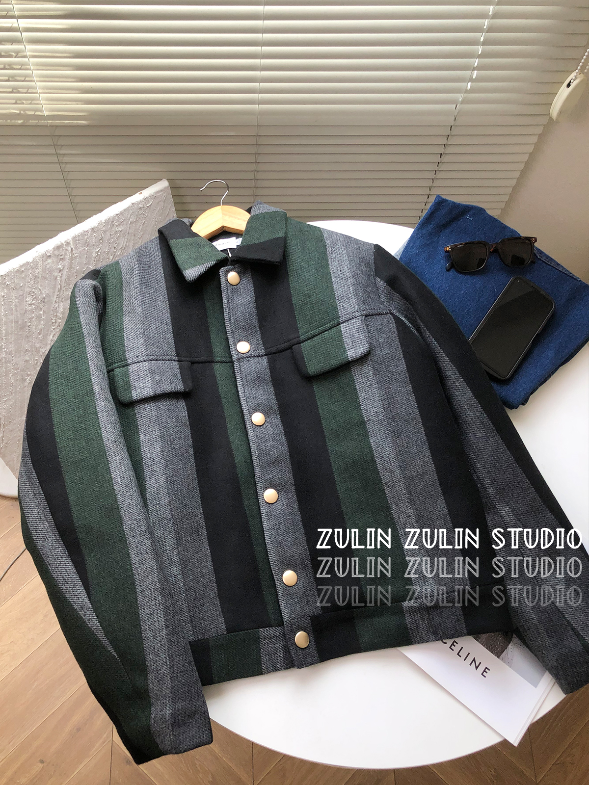 祖琳的魔法口袋◆HK设计师羊毛条纹短外套港风宽松翻领日系棉服