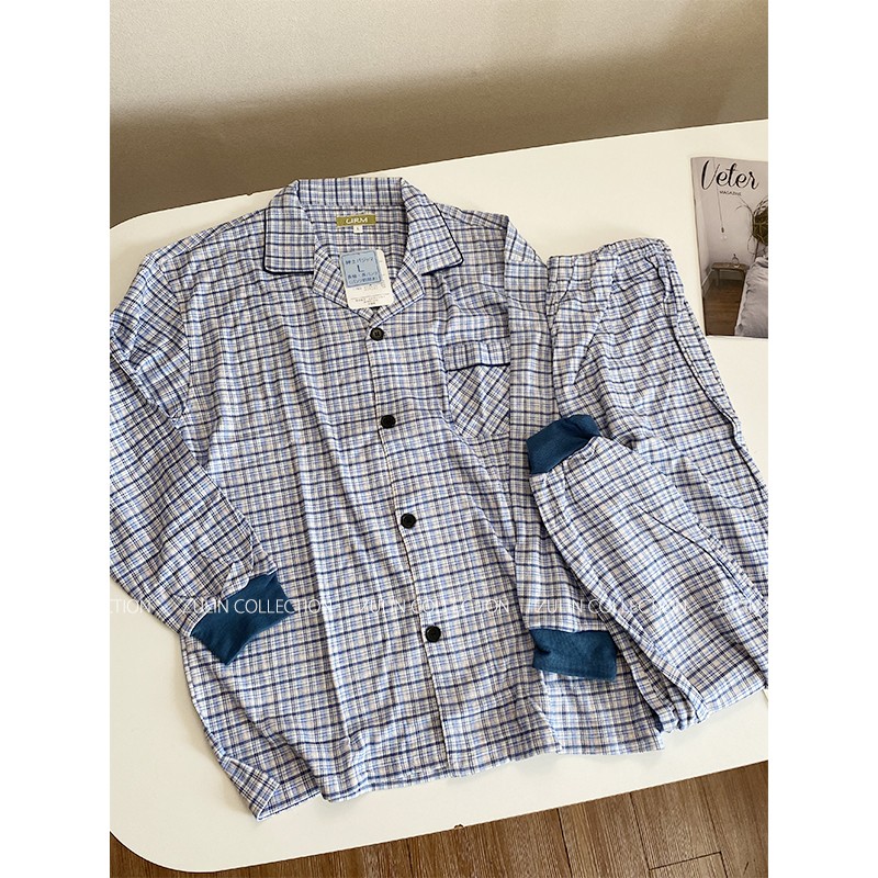 断码清 61241~日本URM男士格子家居服套装分体春秋款睡衣