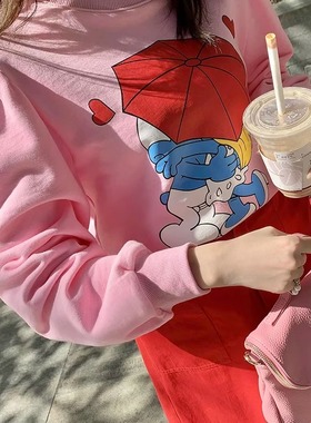 小末家 恋爱啦 圆领长袖常规款宫廷袖印花卡通棉卫衣D20304