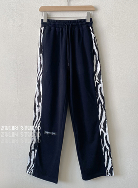 BKAL女士春季休闲裤毛圈运动裤斑马纹直筒显瘦侧扣子裤子J20104