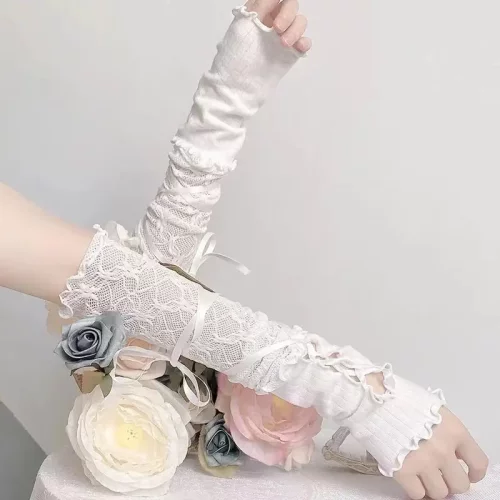 纯欲百搭洛丽塔手套芭蕾风白色蕾丝袖套女薄款夏季防晒辣妹绑带