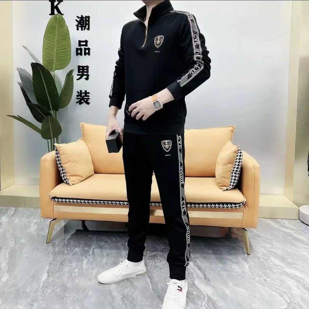 轻奢新款春秋立领半拉链运动服套装男中青年修身潮流休闲时尚套装