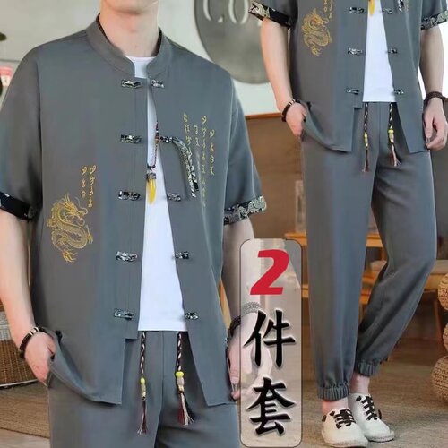 中国风男装新中式2件套汉服男士夏季薄短袖t恤套装复古民族唐装