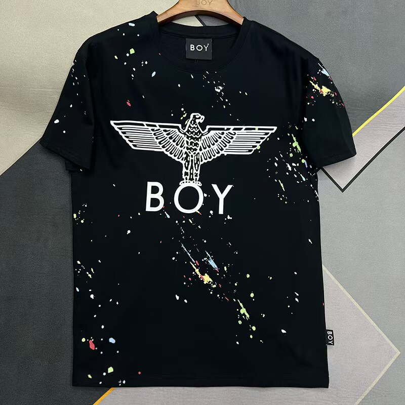 BOY短袖新款老鹰印花T恤男女同款黑色泼墨休闲宽松