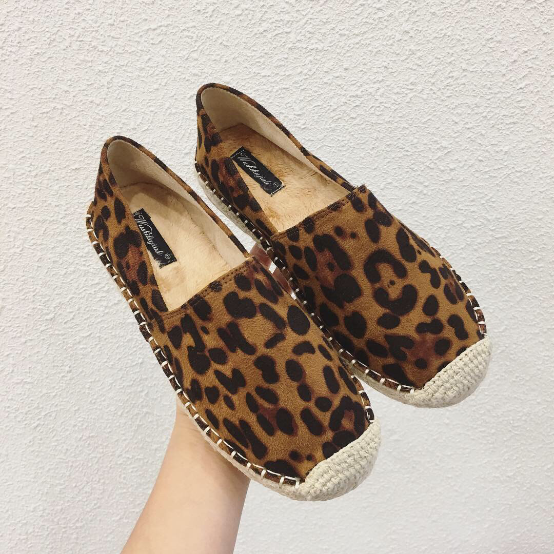 网红豹纹鞋渔夫鞋女加绒2019新款一脚蹬女鞋懒人鞋平底单鞋女春秋