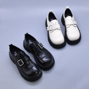 英伦风魔术贴增高乐福鞋 复古圆头小皮鞋 软软 微瑕金属扣厚底单鞋