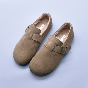 百搭冬季经典牛皮加绒毛毛鞋女鞋复古休闲勃肯鞋软底加绒防滑棉鞋