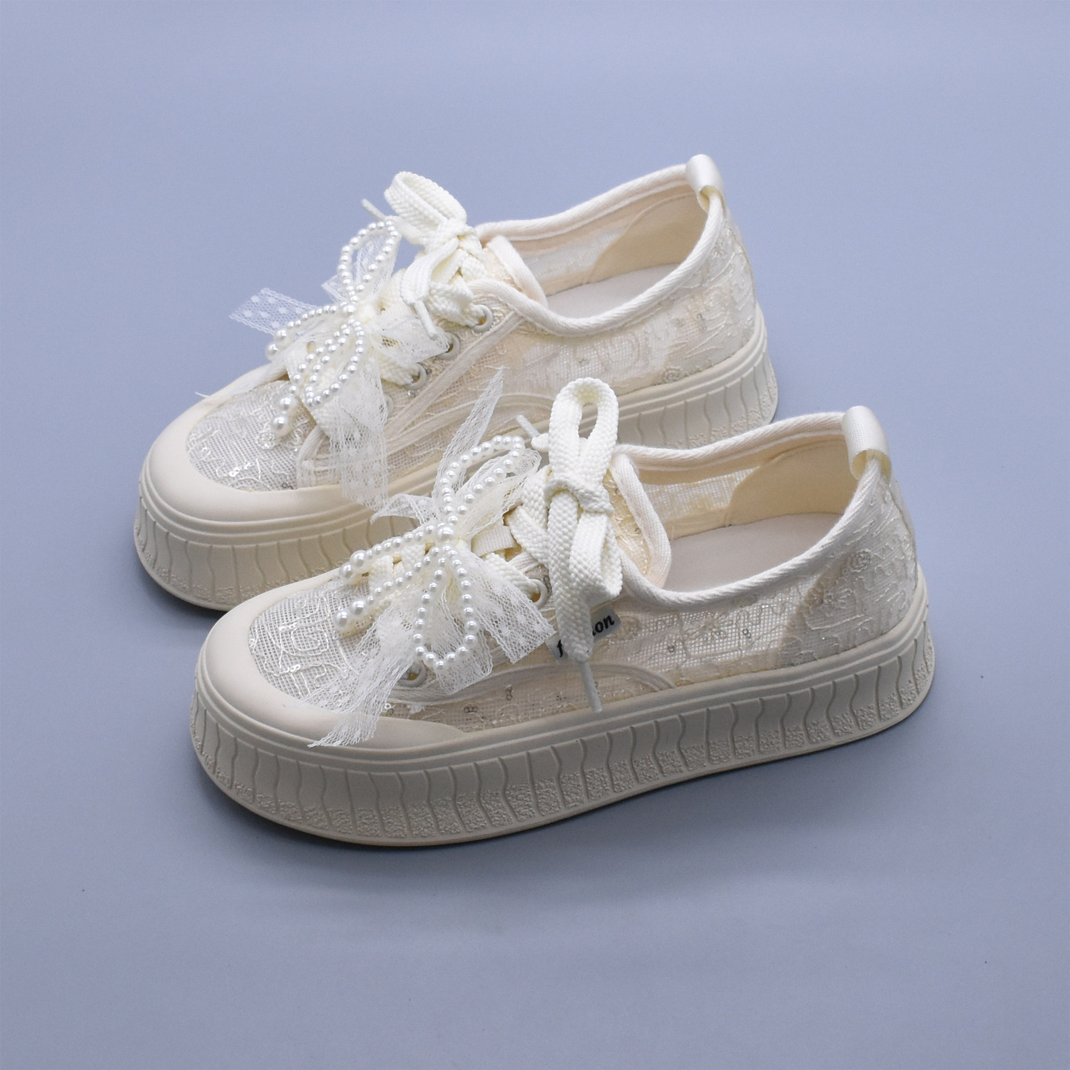 春夏软底蕾丝网面渔夫鞋厚底乐福鞋休闲百搭厚底软底饼干蝴蝶结