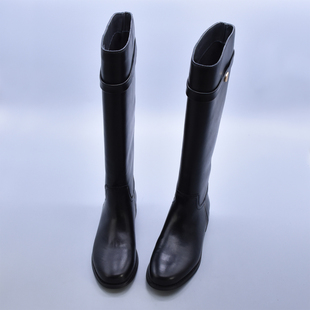 包邮 牛皮单靴 显腿直骑士靴高筒粗跟长靴圆头女靴粗跟软底秋季 韩版