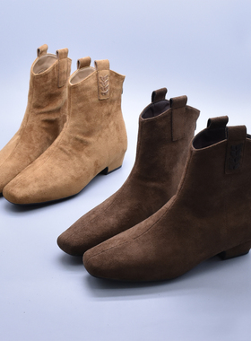 复古绒面瘦瘦靴女2025秋冬新款法式方头粗跟休闲短靴麦穗弹力靴潮