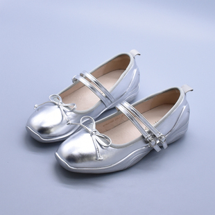 超火增高软底芭蕾单鞋 新款 子银色运动玛丽珍女鞋 厚底鞋 猪皮里 法式