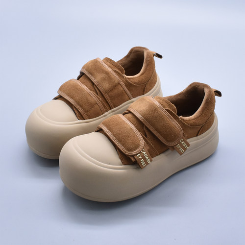 2025秋冬新款欧货魔术贴厚底运动休闲鞋真皮丑萌娃娃头板鞋女加绒