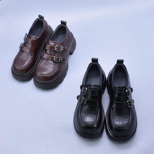 魔术贴休闲乐福鞋 百搭厚底单鞋 英伦风秋季 复古圆头小皮鞋 潮 软软