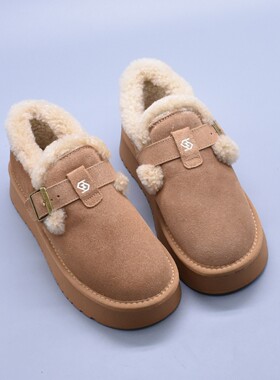 微瑕百搭厚底真皮勃肯鞋女复古休闲软底扣带加绒羊毛口休闲棉鞋潮