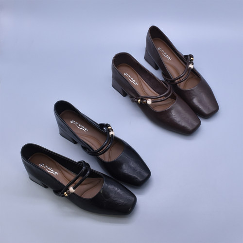 新款小方头玛丽珍法式软皮单鞋粗跟一脚蹬英伦风小皮鞋软底女鞋子