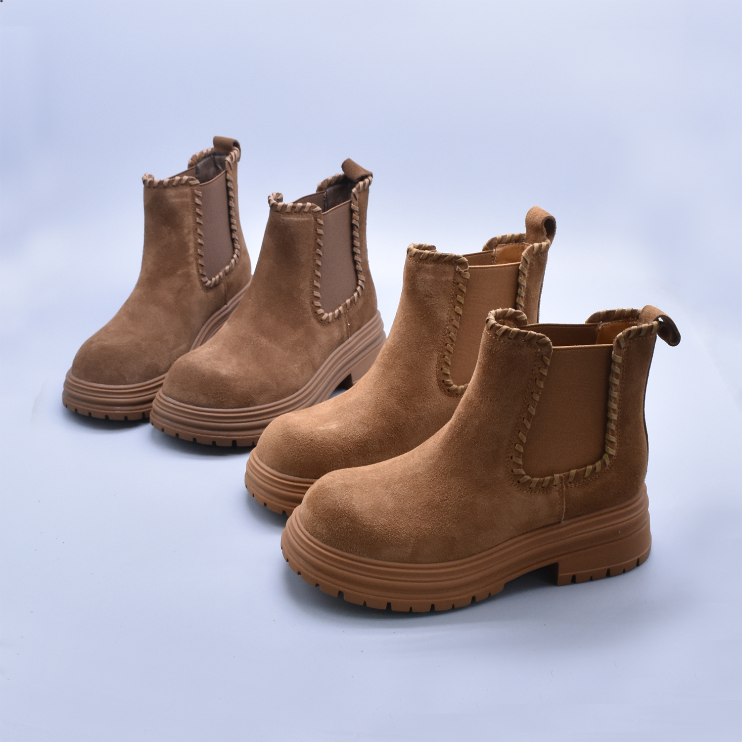 冬季牛皮低筒真皮切尔西女靴女英伦软底粗跟显瘦百搭圆头绒里短靴