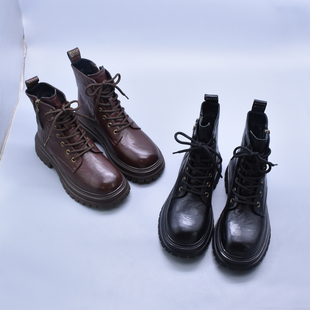 简约复古炸街厚底绒里马丁靴女英伦风圆头侧拉链休闲软底百搭短靴