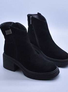 微瑕俄单牛绒皮黑色粗跟瘦瘦靴2025冬新款拉链真皮厚底羊毛女棉靴