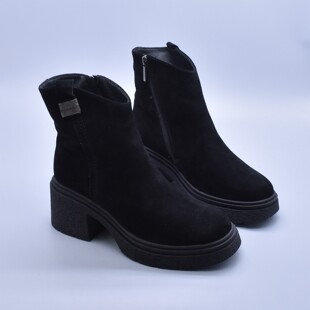 微瑕俄单牛绒皮黑色粗跟瘦瘦靴2025冬新款 拉链真皮厚底羊毛女棉靴