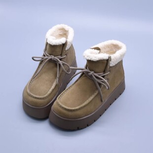 微瑕~俄罗斯单牛反绒新款真皮厚底女休闲棉靴雪地靴羊毛厚底增高