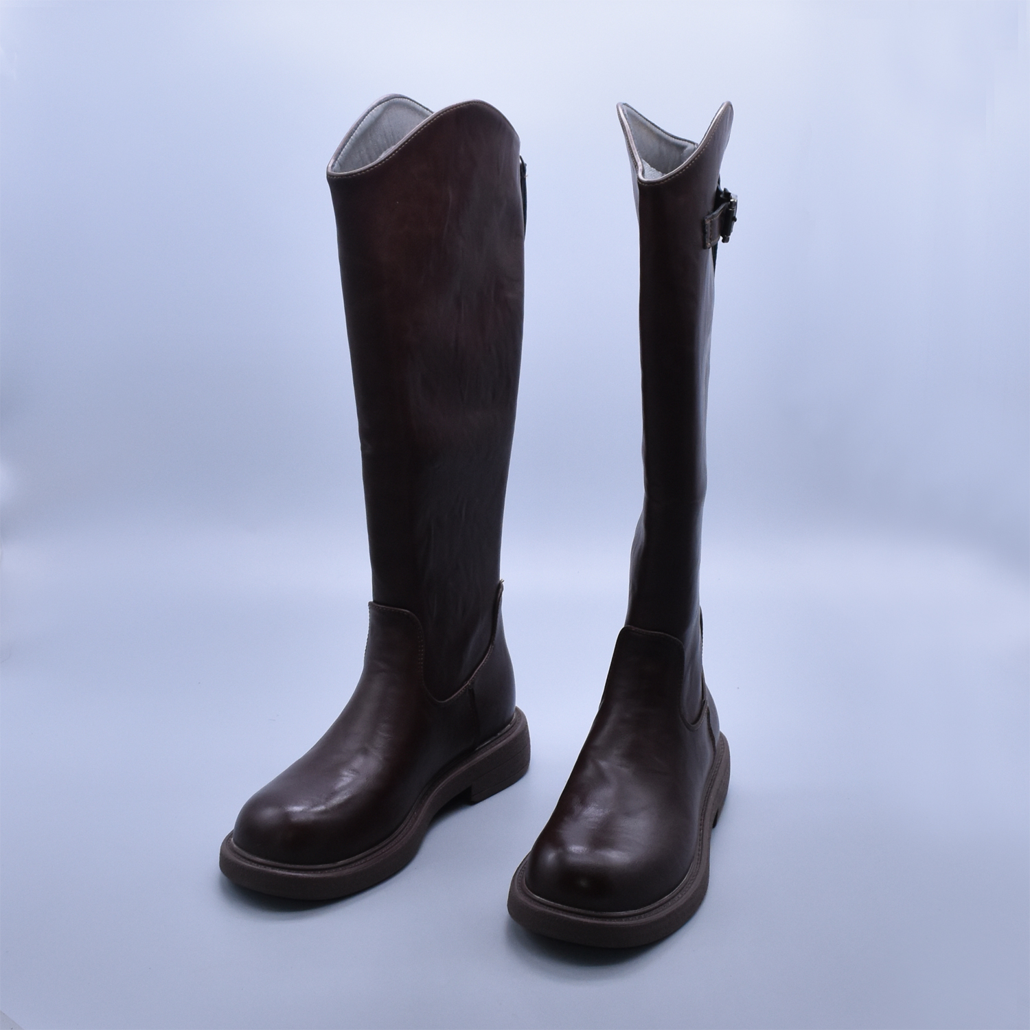 冬季加绒西部骑士靴百搭显腿直后拉链高筒长靴圆头及膝女靴粗跟潮