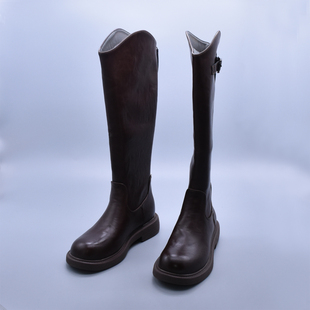 冬季 加绒西部骑士靴百搭显腿直后拉链高筒长靴圆头及膝女靴粗跟潮