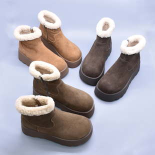 真皮加绒厚底冬季复古毛毛鞋小暖炉平底丑萌保暖棉靴女靴雪地靴潮