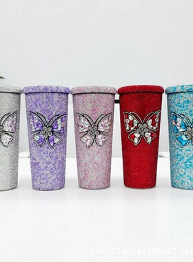 镶钻新款水晶蝴蝶咖啡杯满钻杯子双层不锈钢学生吸管杯大容量杯子