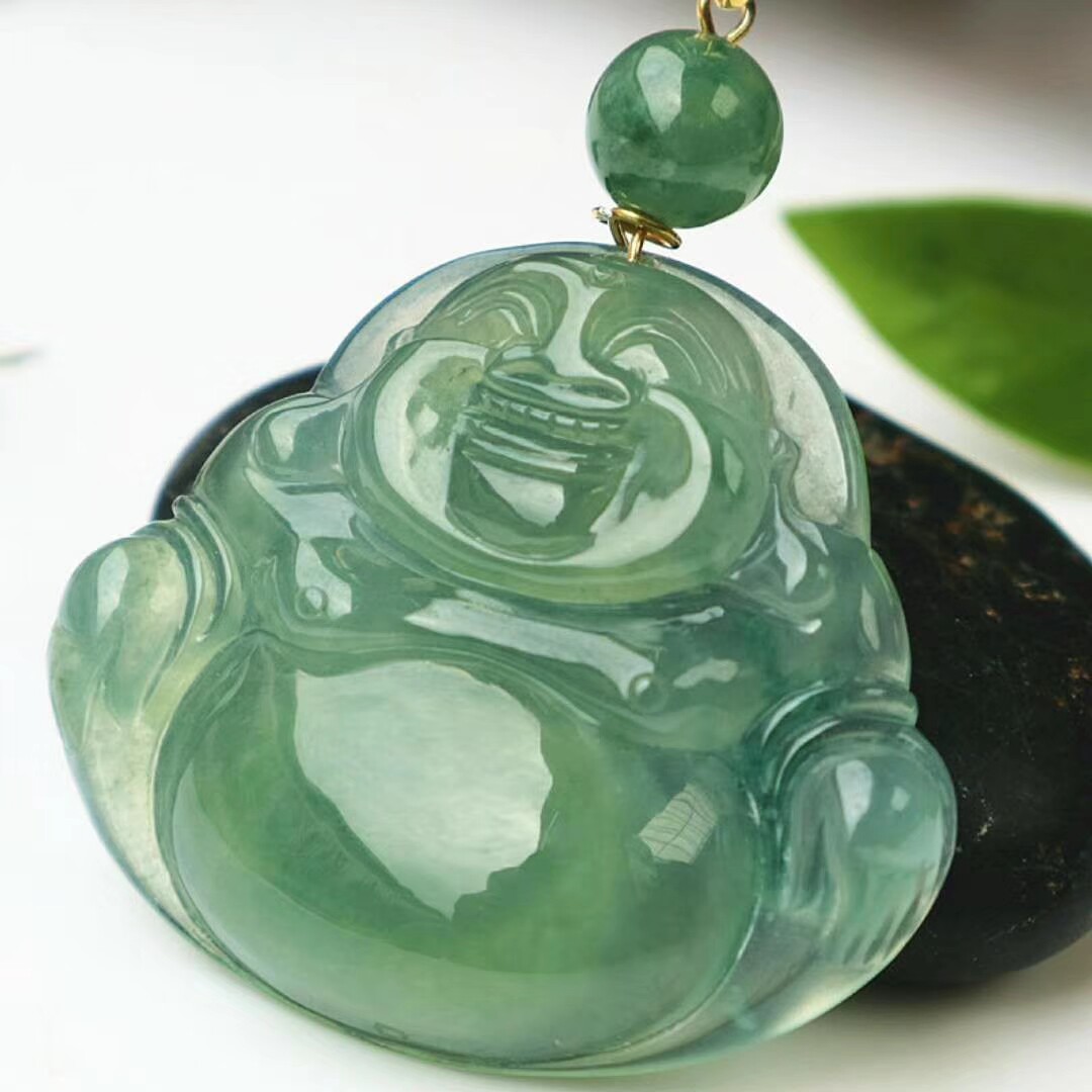 世代好翡翠 缅甸老坑天然a货翡翠玉石雕刻冰种满绿笑佛翡翠吊坠