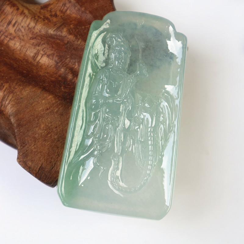 天然缅甸A货翡翠御象观音菩萨吊坠男女款冰种玉石挂件浅绿色玉牌