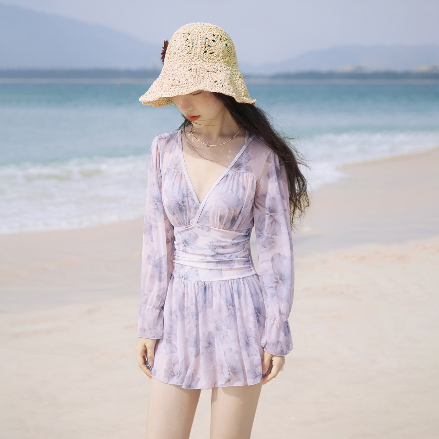 优雅女士泳装有裙摆三奇连体遮肉